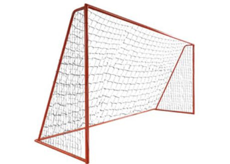 Metal soccer goal for backyard play, durable, UV-stabilized, portable design for ages 8+, promotes teamwork and skill development.