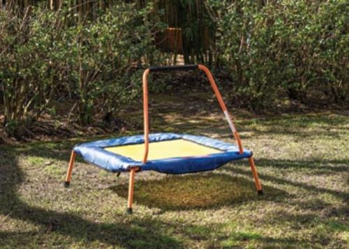 Kids' compact trampoline with safety handle, foldable design, and heavy-duty mat for indoor/outdoor fun. Suitable for ages 3+.