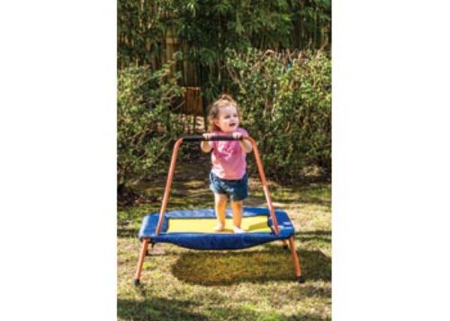 Compact junior trampoline for kids with safety handle; folds easily for storage, suitable for ages 3 and up.