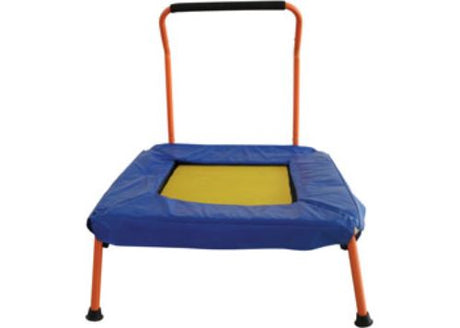 Junior trampoline for kids with safety handle, durable mat, folds for easy storage, perfect for ages 3 and up.