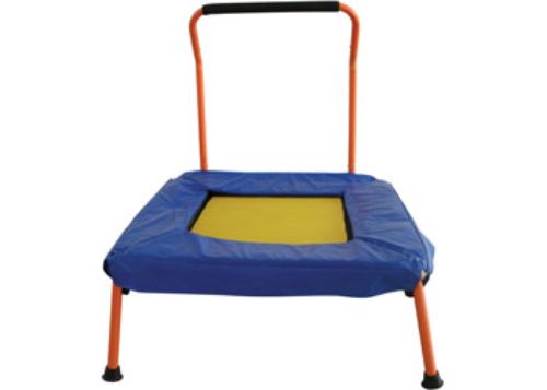 Junior trampoline for kids with safety handle, durable mat, folds for easy storage, perfect for ages 3 and up.