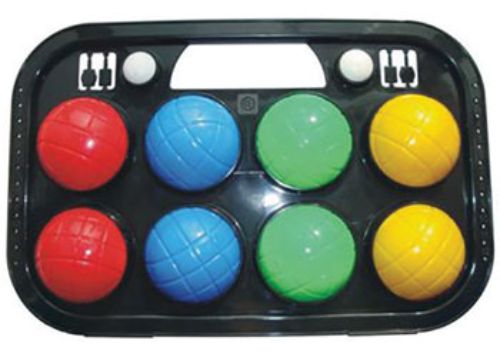 Colorful 8-piece bocce ball set in a durable case, ideal for outdoor fun and friendly competitions for 2-4 players.