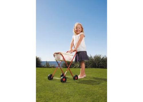 Stylish metal clothes trolley on wheels with removable basket, perfect for laundry and playtime organization.