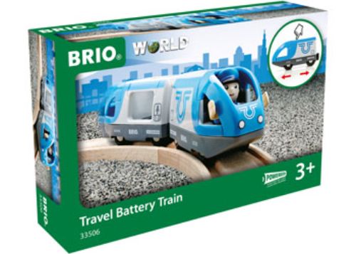 BRIO BO Travel Battery Train set with driver, designed for imaginative play on BRIO tracks, perfect for kids aged 3 and up.