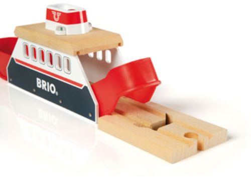 BRIO Ferry Ship with light, sound, and docking tracks for imaginative train transport adventures on water and land.