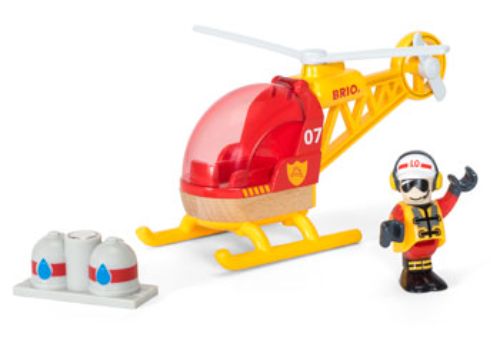 Wooden BRIO Firefighter Helicopter toy set with openable door and magnetic water supply for imaginative role-play adventures.