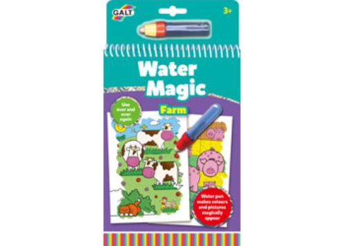 Interactive water coloring set featuring 6 reusable farm-themed pictures for kids aged 3 and up.