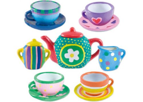 Colorful miniature tea set kit for kids to paint and decorate, promoting creativity and fine motor skills.