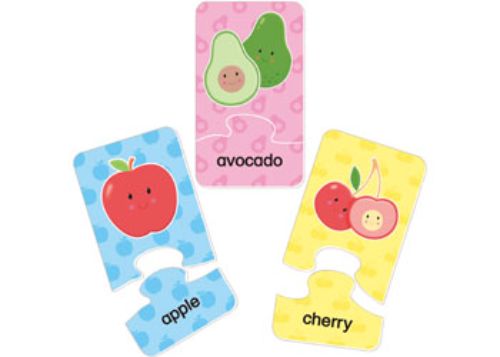 Colorful 2-piece fruit and vegetable puzzles for toddlers, enhancing recognition, matching, and fine motor skills.