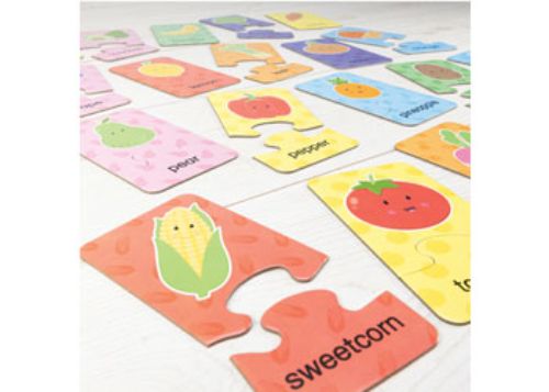 Vibrant 2-piece Galt puzzles featuring colorful fruits and veggies, perfect for toddlers' word recognition and matching skills.