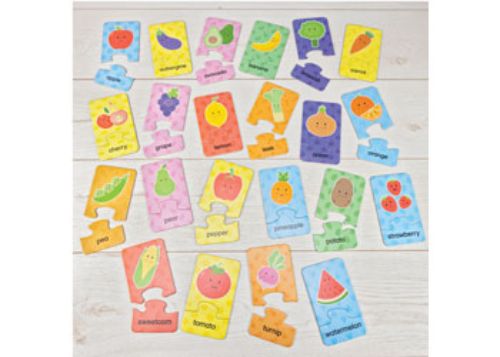 Brightly colored 2-piece puzzles featuring fruits and vegetables, designed to enhance toddlers' recognition and matching skills.