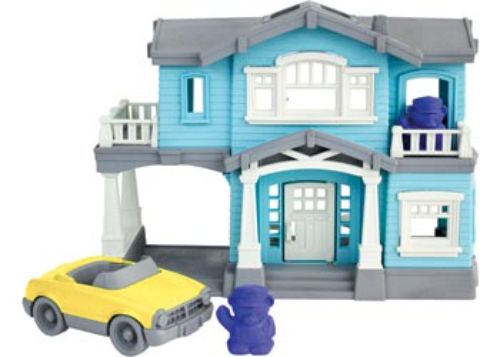 Alt text: Multi-level Green Toys house playset with convertible, mouse characters, furniture, and moveable staircase for creative play.