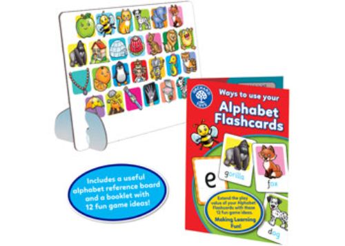 Vibrant double-sided alphabet flashcards featuring fun illustrations for engaging early literacy learning.