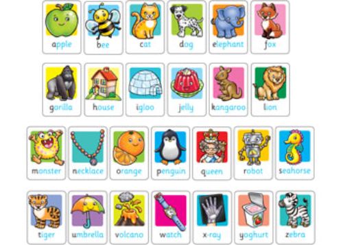 Colorful double-sided alphabet flashcards featuring illustrations for letters and words, perfect for early literacy learning.