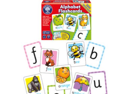 Colorful double-sided flashcards featuring letters and corresponding illustrations to teach kids the alphabet and vocabulary.