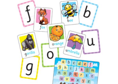 Colorful double-sided flashcards featuring images and letters for teaching the alphabet to young learners.