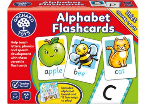 Vibrant double-sided alphabet flashcards featuring letters and engaging illustrations, ideal for early literacy learning.