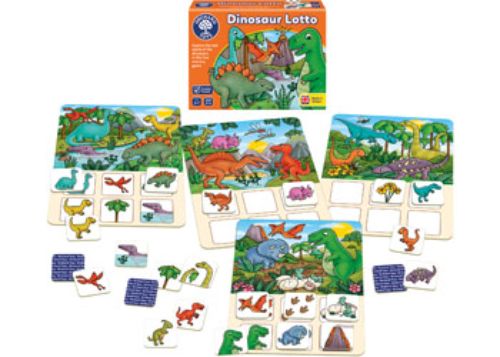 Colorful Dinosaur Lotto game for kids aged 3-7 featuring vibrant matching cards and double-sided boards for varied gameplay.