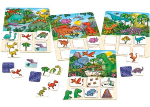 Colorful dinosaur cards in a matching game, fostering memory skills for kids aged 3-7 with two ways to play.