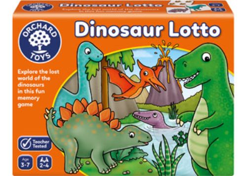 Colorful Dinosaur Lotto game with matching cards, designed for kids 3-7 to enhance memory and strategic thinking skills.
