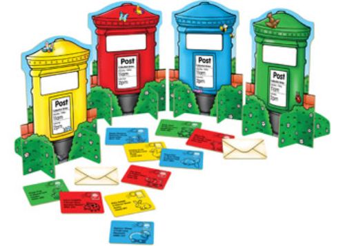 Colorful post boxes and whimsical letter cards create a fun, educational game for kids to develop matching skills and reading.
