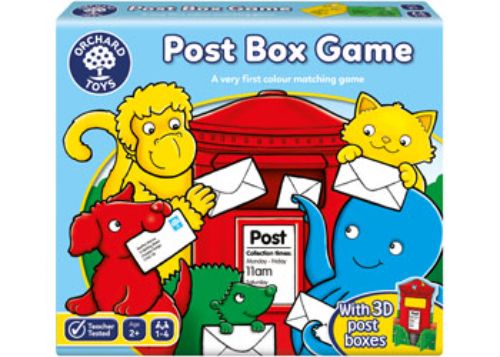 Colorful Orchard Game featuring 4 post boxes and 16 letter cards for fun educational learning and skill-building for kids.