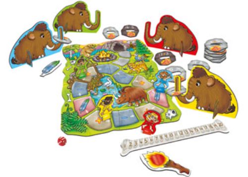 Colorful board game featuring caveman characters solving math problems in a prehistoric setting for educational fun.