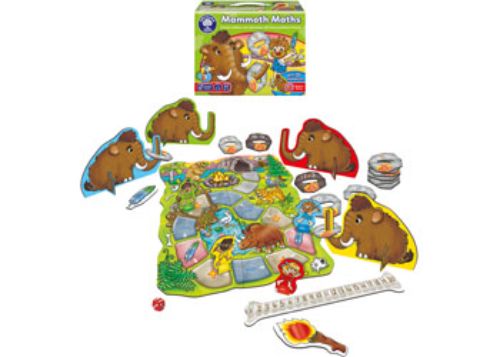 Engaging board game featuring caveman characters solving math problems in a vibrant prehistoric setting.