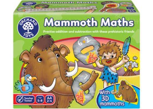 Colorful board game featuring cavemen solving math problems in a prehistoric setting, promoting learning and teamwork.