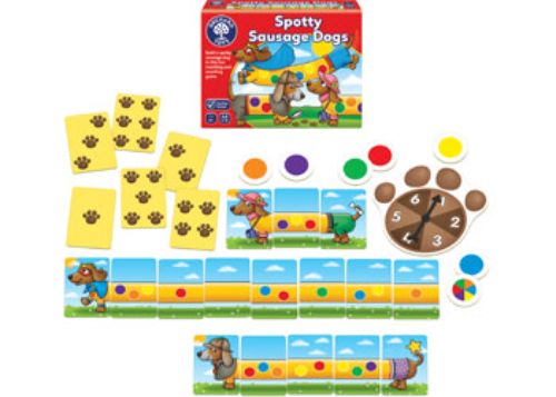Colorful board game featuring quirky sausage dogs for counting and color matching, perfect for family fun with up to 6 players.