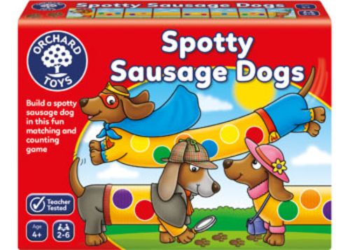 Colorful board game featuring quirky sausage dogs, promoting counting and color matching skills for family fun.