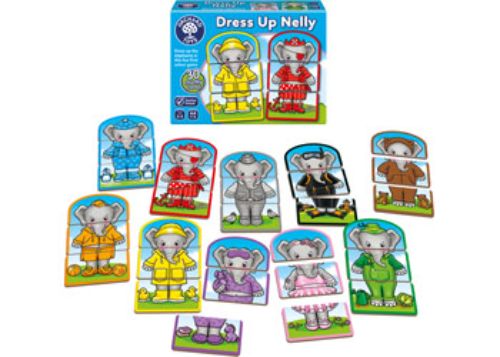 Colorful game set featuring Nelly, a dress-up character with mix-and-match outfits, promoting creativity and fine motor skills.