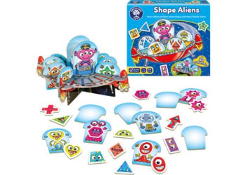 Colorful alien characters from the Orchard Game - Shape Aliens, promoting shape recognition and fun learning for kids.