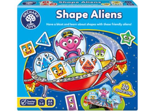 Colorful alien characters engaging children in shape recognition and color identification through fun gameplay.