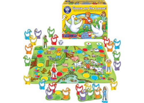Colorful board game for kids aged 3+, featuring a racing theme and a tricky goose for fun family competition.