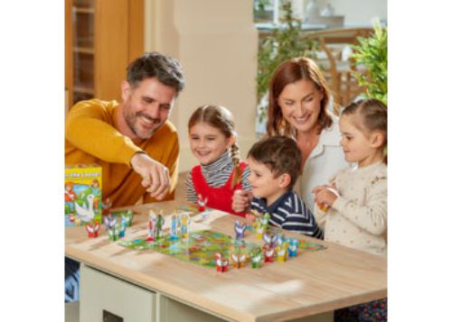Colorful board game for kids ages 3+, featuring a goose and promoting counting, strategy, and family fun.