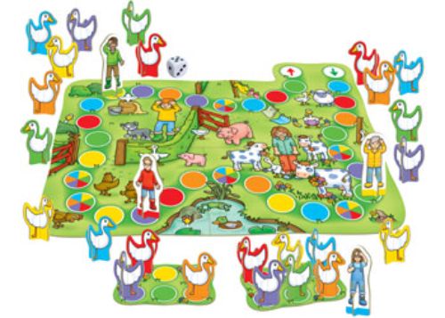 Colorful board game for kids ages 3+, featuring fun goose chase gameplay and skill-building activities.
