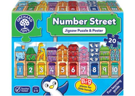 Colorful 20-piece jigsaw puzzle for learning numbers 1-10, featuring friendly animals and a giant educational poster.