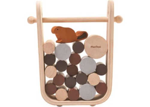 Children and adults play PlanToys Timber Tumble, balancing logs to save a beaver at the dam in this eco-friendly game.