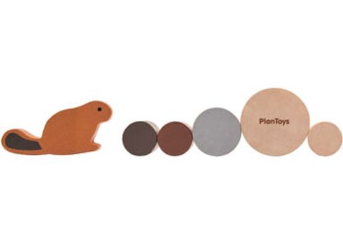 Image of PlanToys Timber Tumble game featuring a beaver and logs, promoting teamwork and fine motor skills for ages 3+.