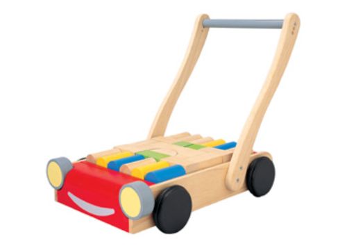 PlanToys Baby Walker featuring adjustable handle, colorful bricks, and eco-friendly design for toddlers learning to walk.