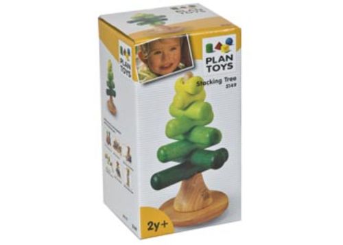 Colorful wooden stacking toy shaped like trees, promoting creativity and fine motor skills for children aged 2 and up.