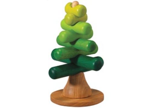 Colorful wooden stacking toy shaped like trees, promoting creativity, fine motor skills, and nature exploration for ages 2+.