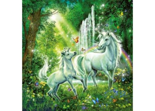 A vibrant Ravensburger puzzle set featuring three 49-piece unicorn puzzles, ideal for young imaginations aged 6 and up.