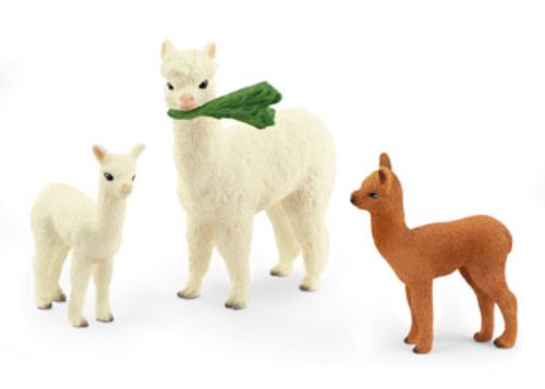 Two detailed alpaca figures, one white and one brown, celebrating wildlife from the Andes for educational and imaginative play.
