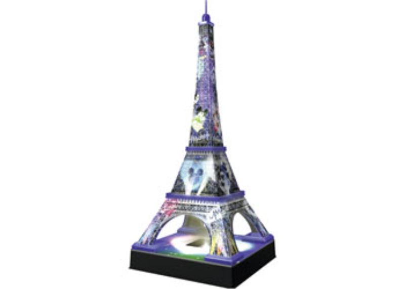 3D puzzle of Mickey and Minnie Mouse Eiffel Tower, 216 pieces, 44 cm tall, designed for family fun and creativity.