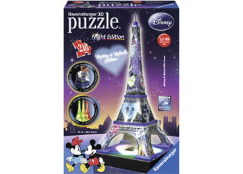 3D puzzle of Mickey and Minnie Mouse themed Eiffel Tower with 216 precision pieces, standing 44 cm tall for family fun.
