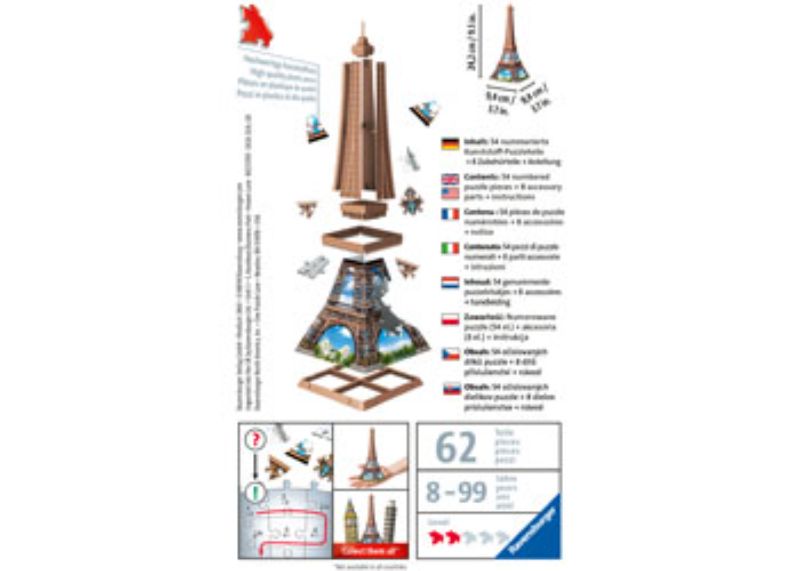 Miniature 3D puzzle of the Eiffel Tower with 54 precision-molded pieces, perfect for Paris lovers and puzzle enthusiasts.
