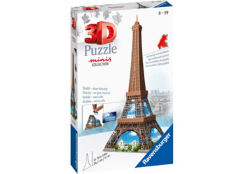 Mini Eiffel Tower 54-piece puzzle showcasing Paris's iconic landmark, made from precision-molded, glue-free pieces.