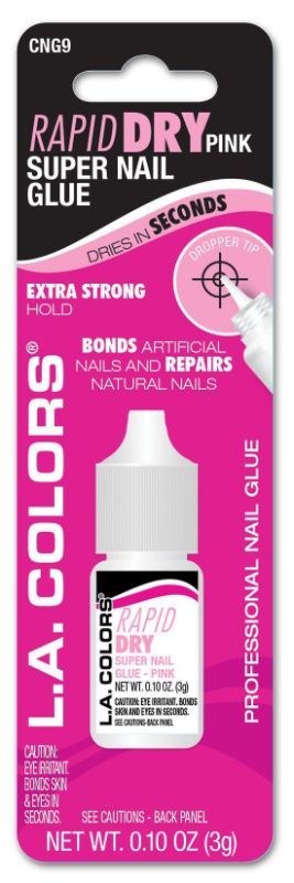 LA Colors Rapid Dry Nail Glue in pink, 3g bottle with dropper tip for quick and strong nail adhesion and repair.